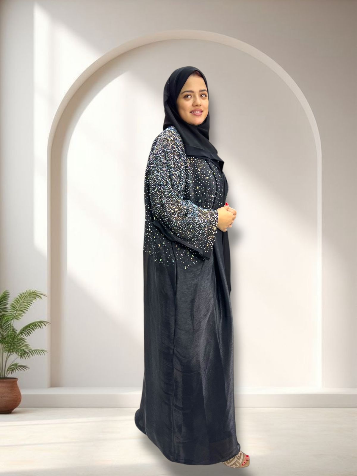 Double-Layer Abaya with Shimmering Diamond Organza Outer Layer