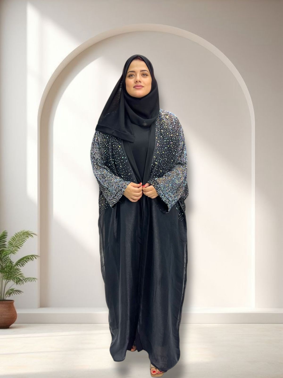 Double-Layer Abaya with Shimmering Diamond Organza Outer Layer