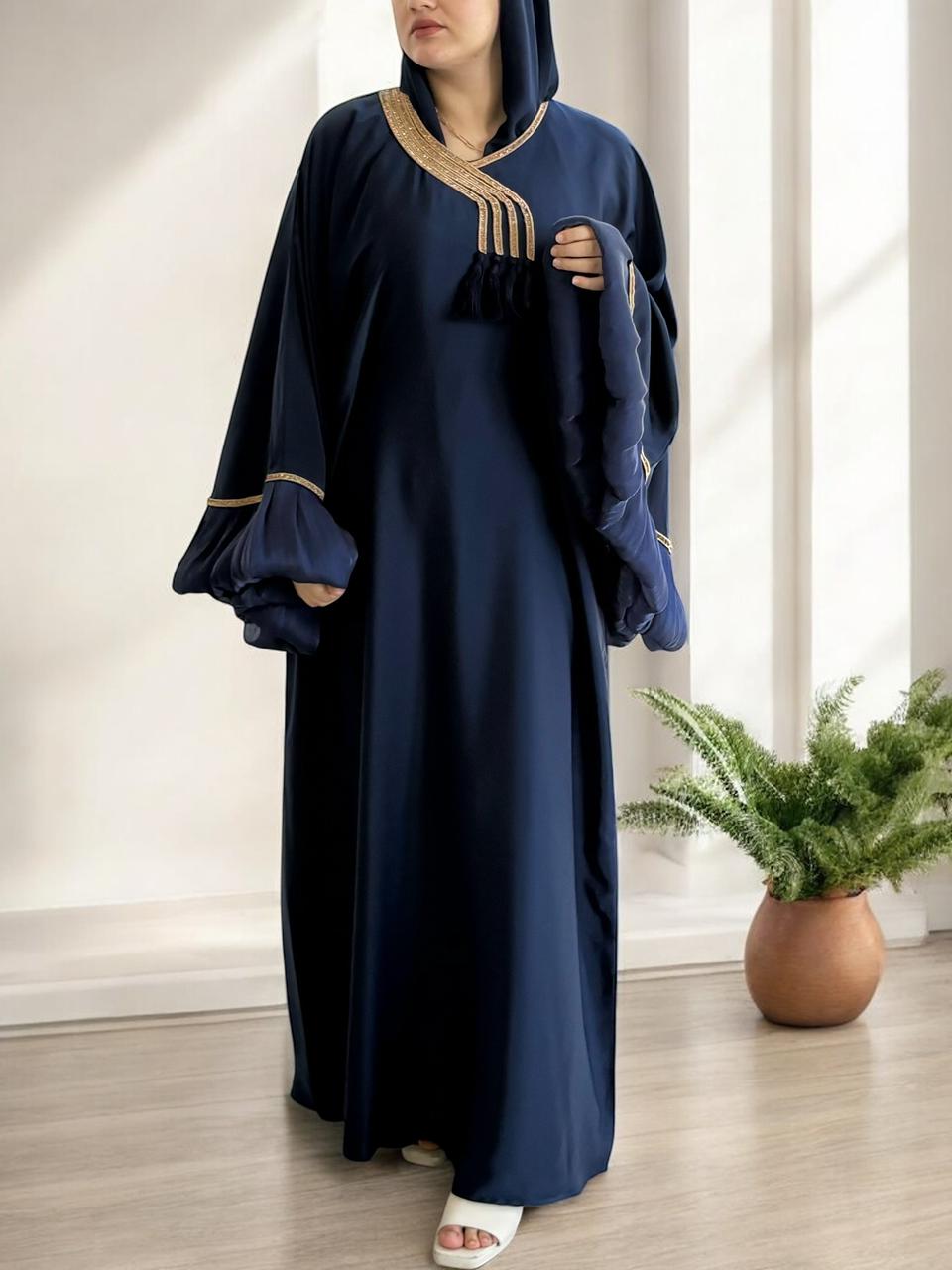 Elegant Black Abaya with Gold Tassel & Organza Sleeves