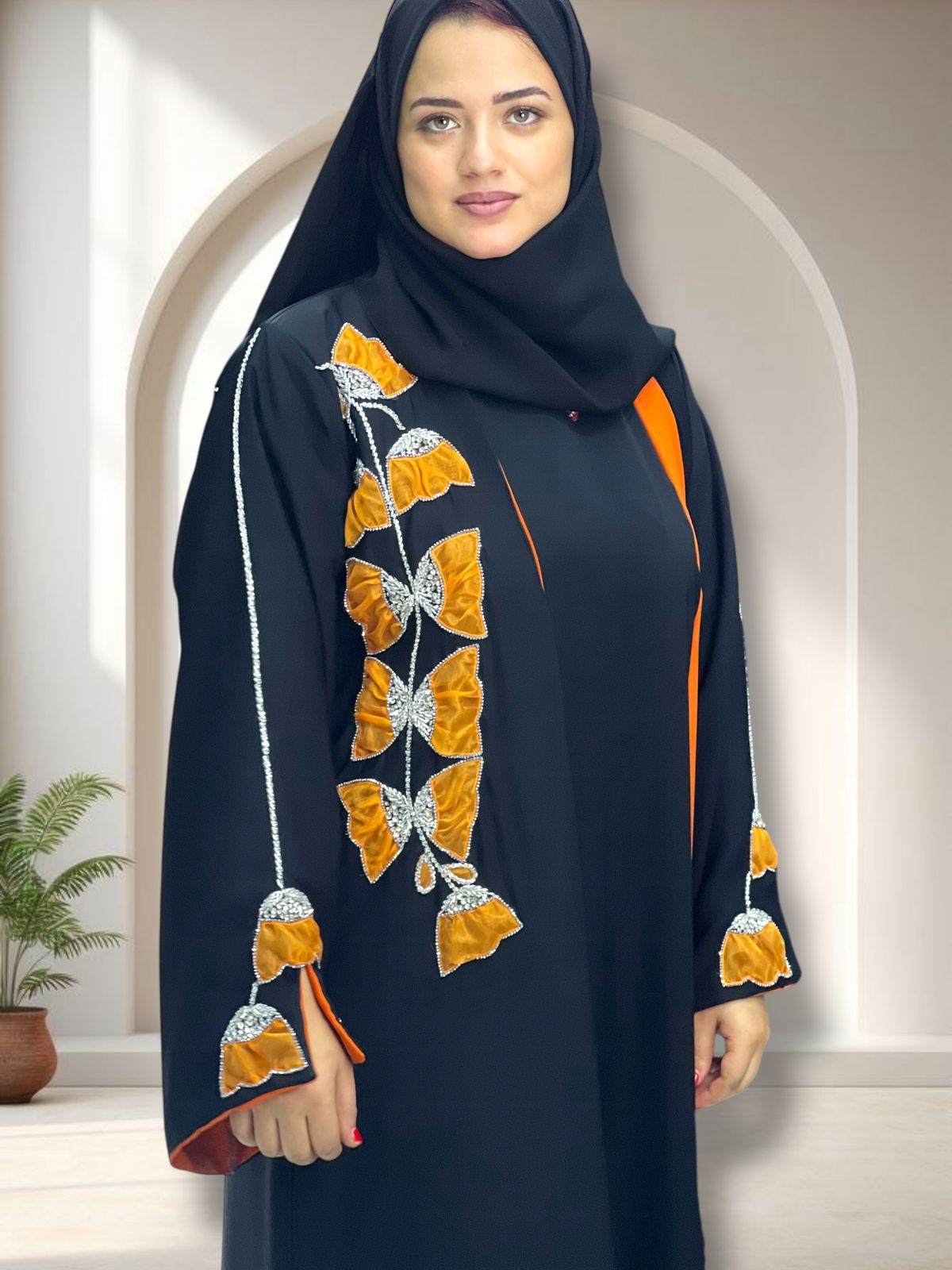 Orange Satin-Lined Abaya with Hand-Embroidered Organza Flowers