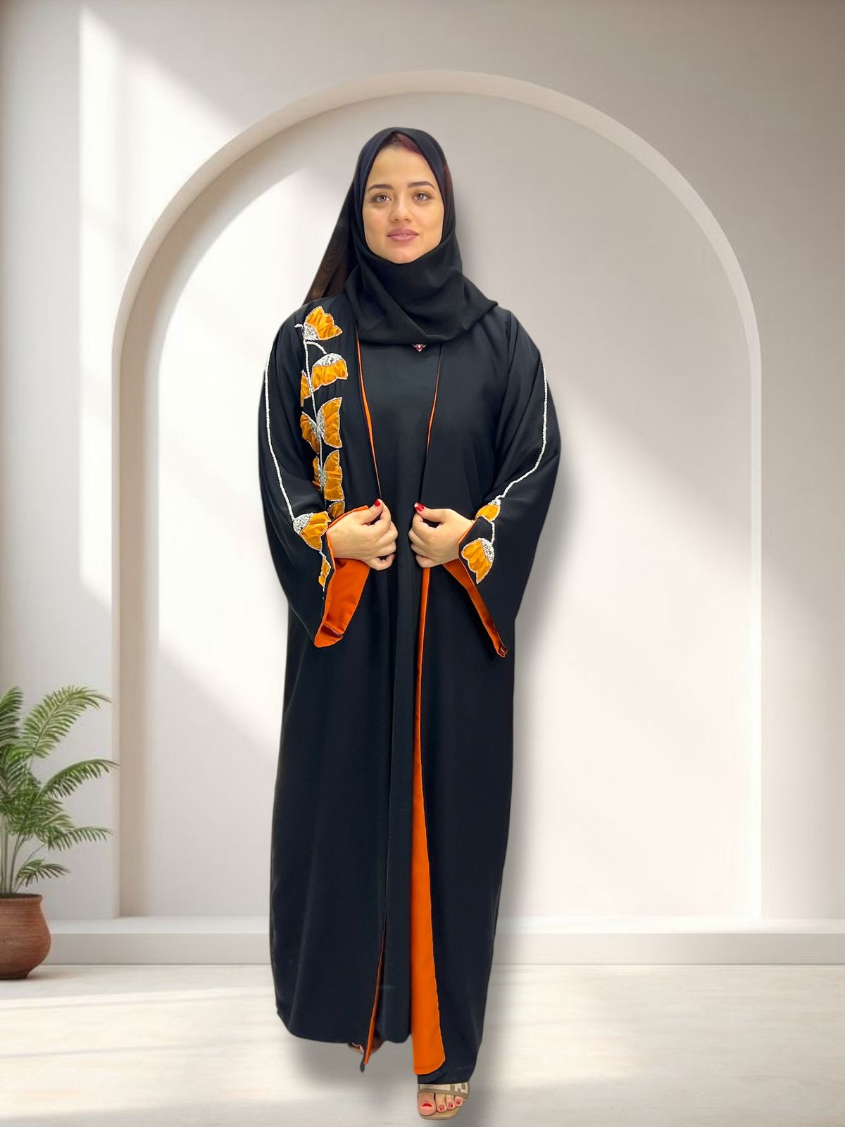 Orange Satin-Lined Abaya with Hand-Embroidered Organza Flowers