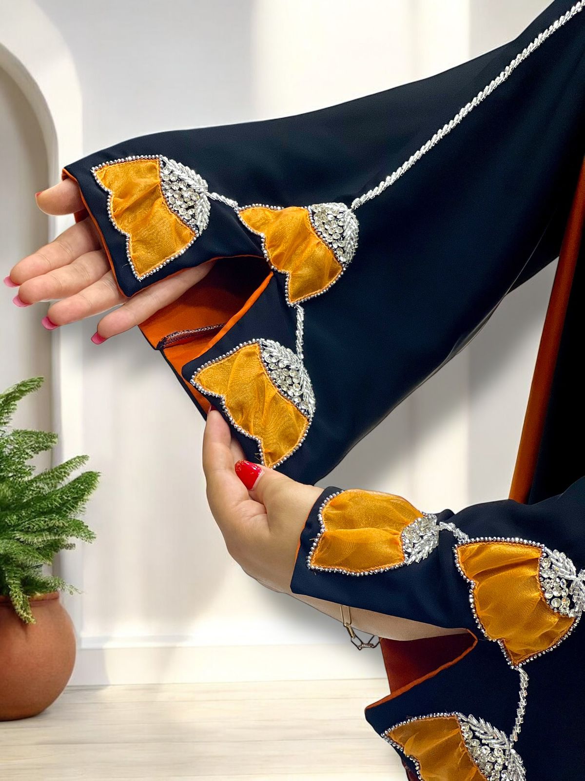 Orange Satin-Lined Abaya with Hand-Embroidered Organza Flowers