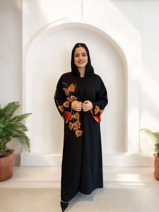 عباية بثلاث قطع مع تطريز فراشات يدوي | 3-piece abaya with handcrafted butterfly embroidery