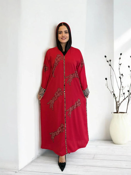 عباية مودرن مطرزة بتفاصيل فهد أمامية | Red abaya with bold leopard embroidery