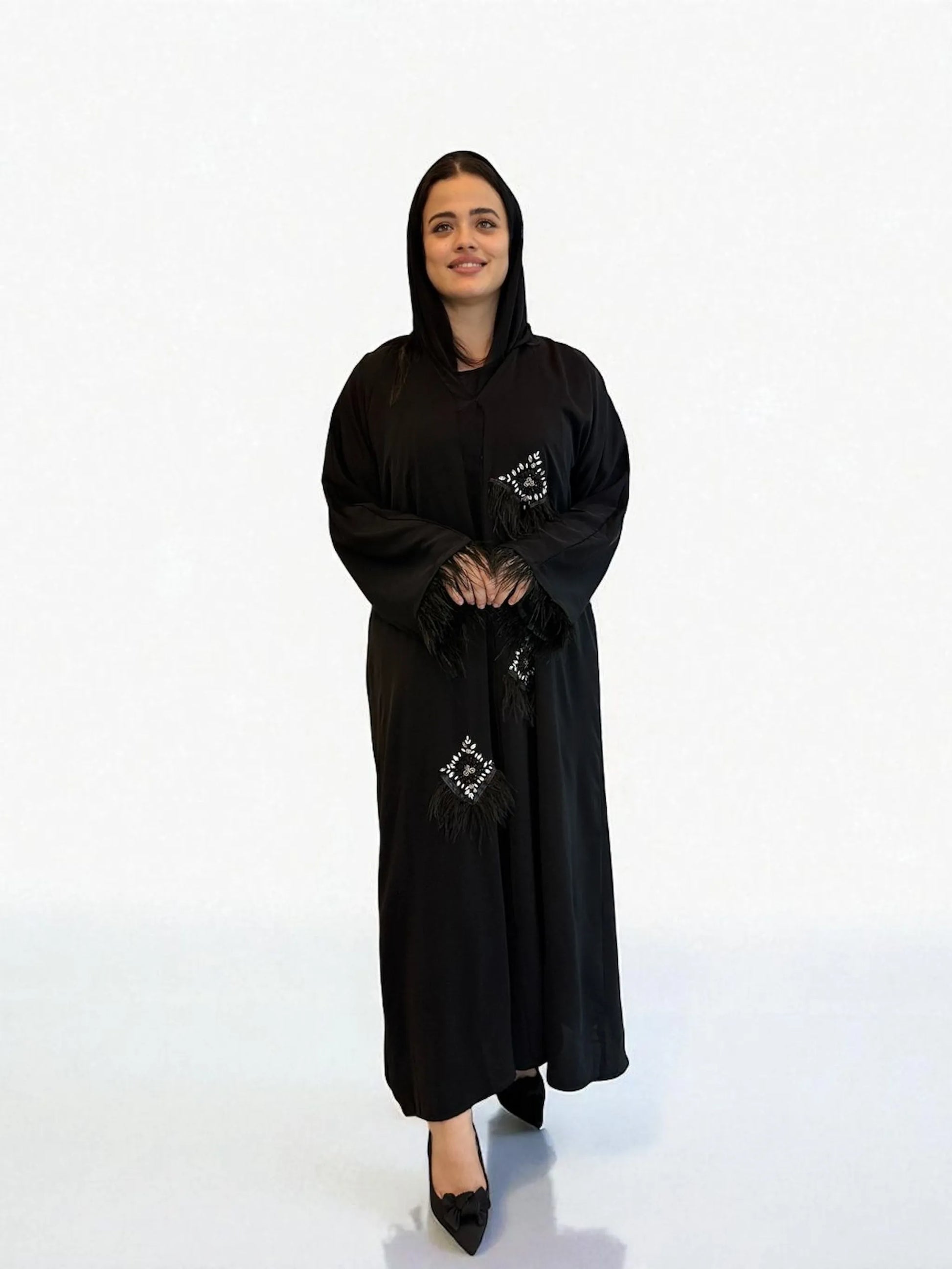 عباية ندا مزينة بالتطريز والريش للمناسبات | Nida abaya with detailed crystal and feather accents