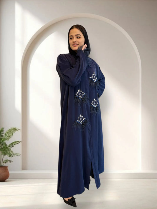 عباية كحلي بتطريز يدوي وريش على الصدر | Navy abaya with hand embroidery and chest feather accents