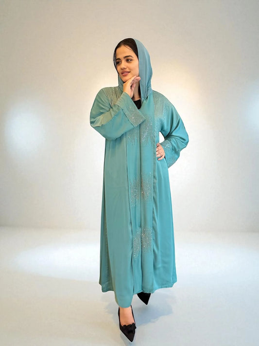 عباية تيفاني ناعمة بتطريز لامع Turquoise Elegant Abaya with Shimmering Embroidery